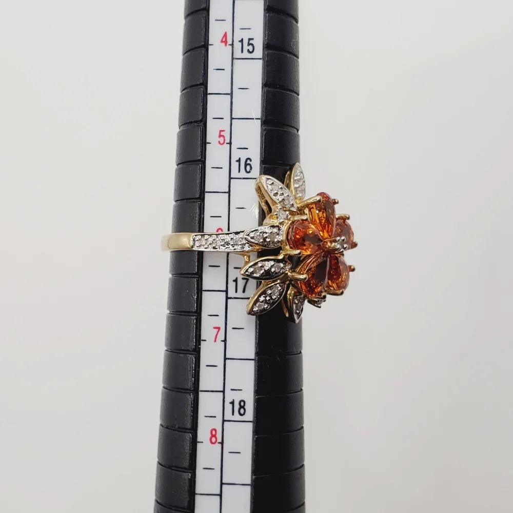 10k Solid Yellow Gold Genuine Spessartite Mandarin Garnet & Diamond Flower Ring